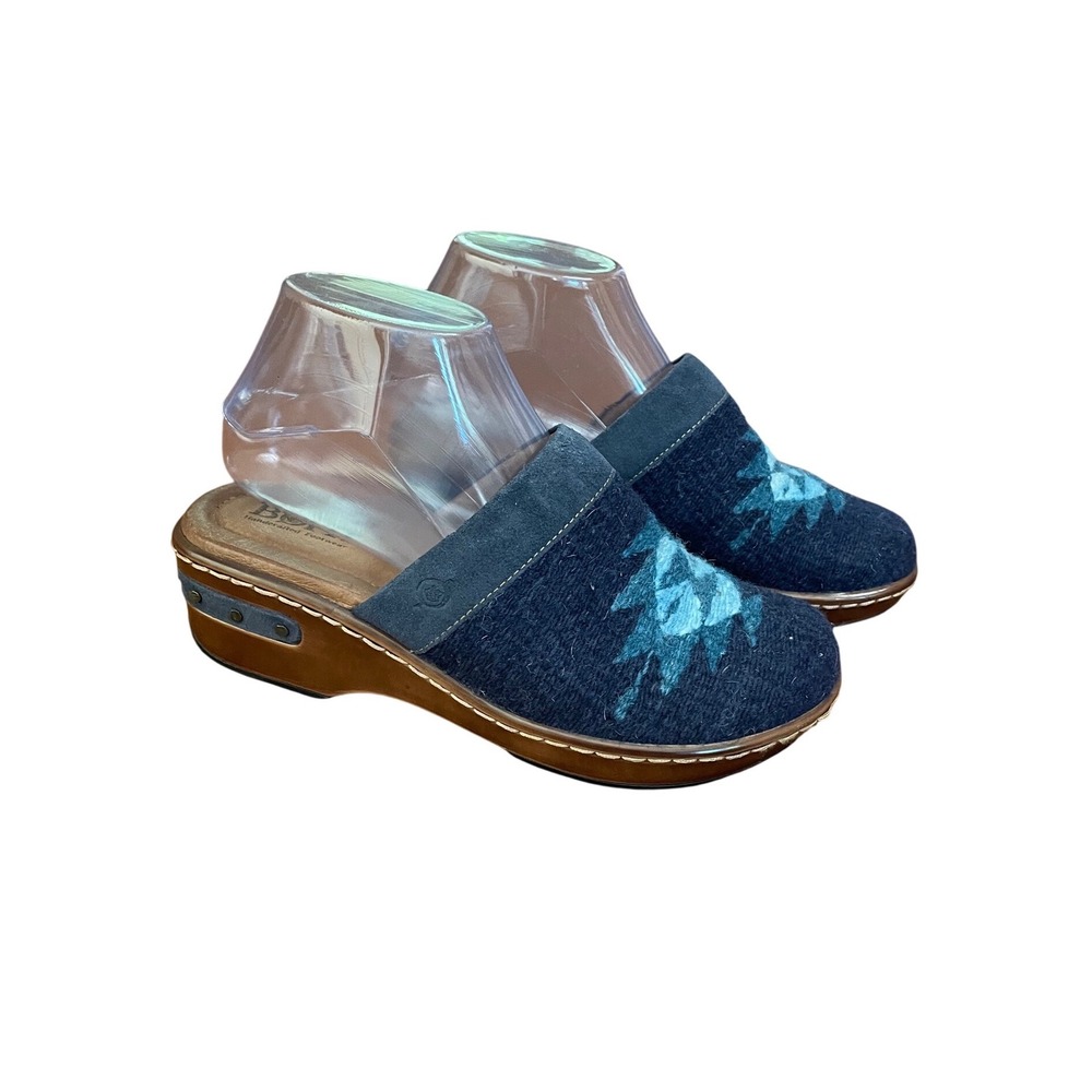 Born Blue Wool Southwestern Clog Mules Platform Wedge Shoes Womens 6 BR0010172